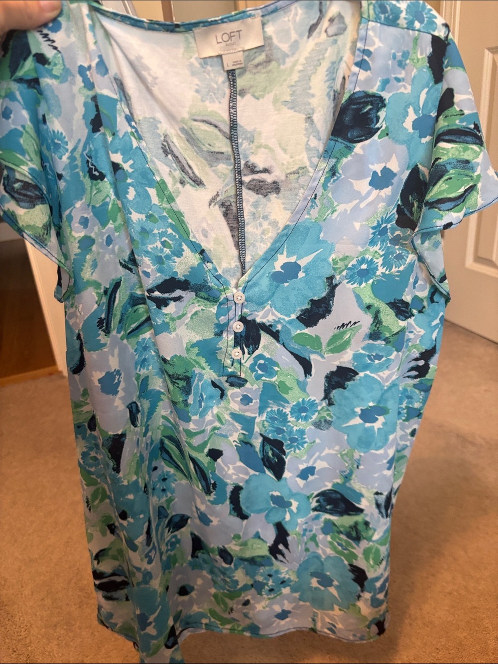 LOFT Aqua & Green Floral V-Neck Shift Top